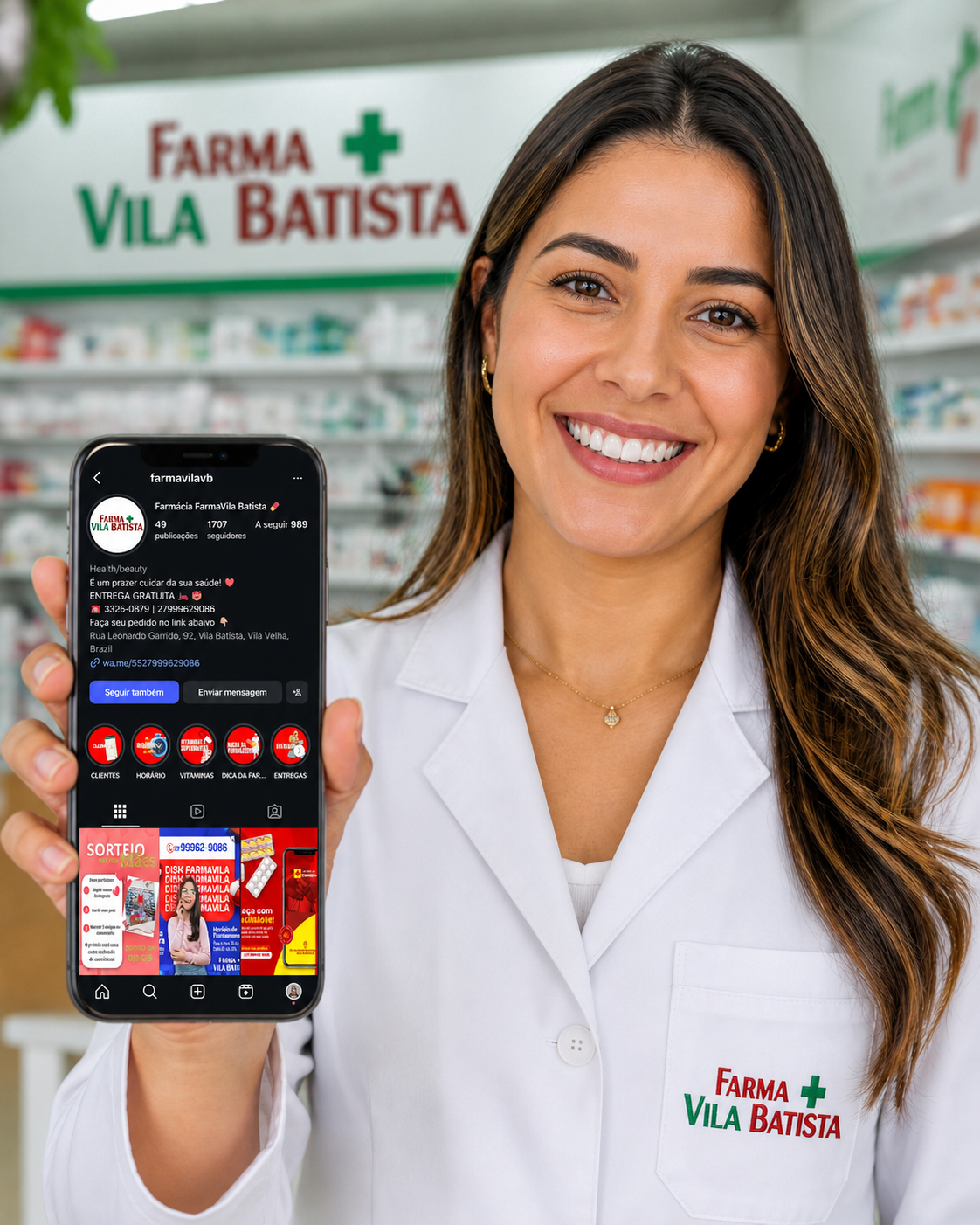 Atendente da Farma Vila Batista mostrando o Instagram da farmácia